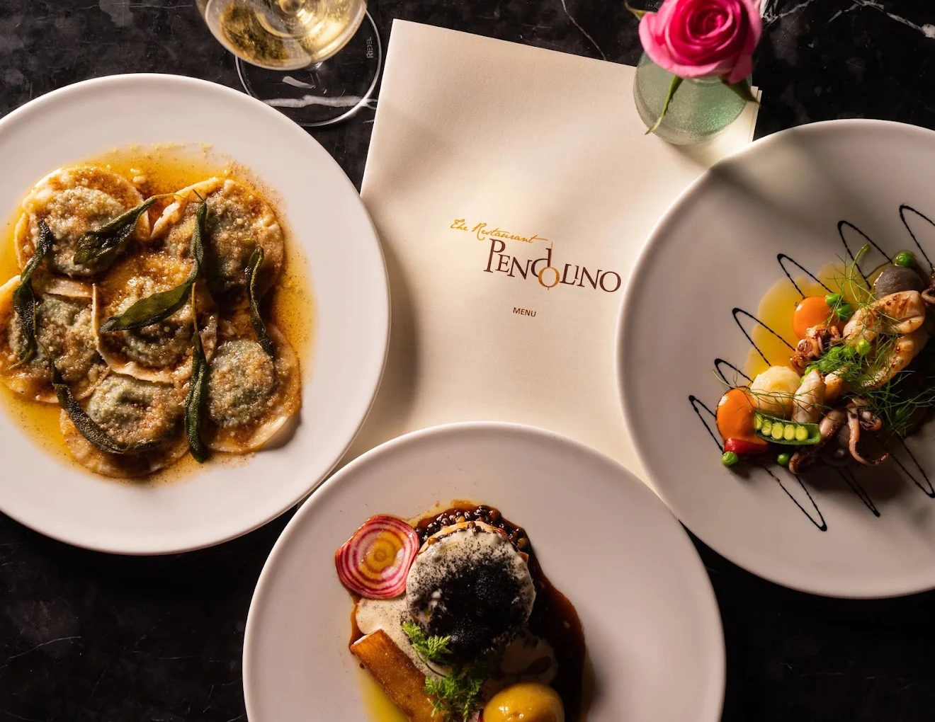 Dishes and menu at Restaurant Pendolino, The Strand Arcade, Sydney.